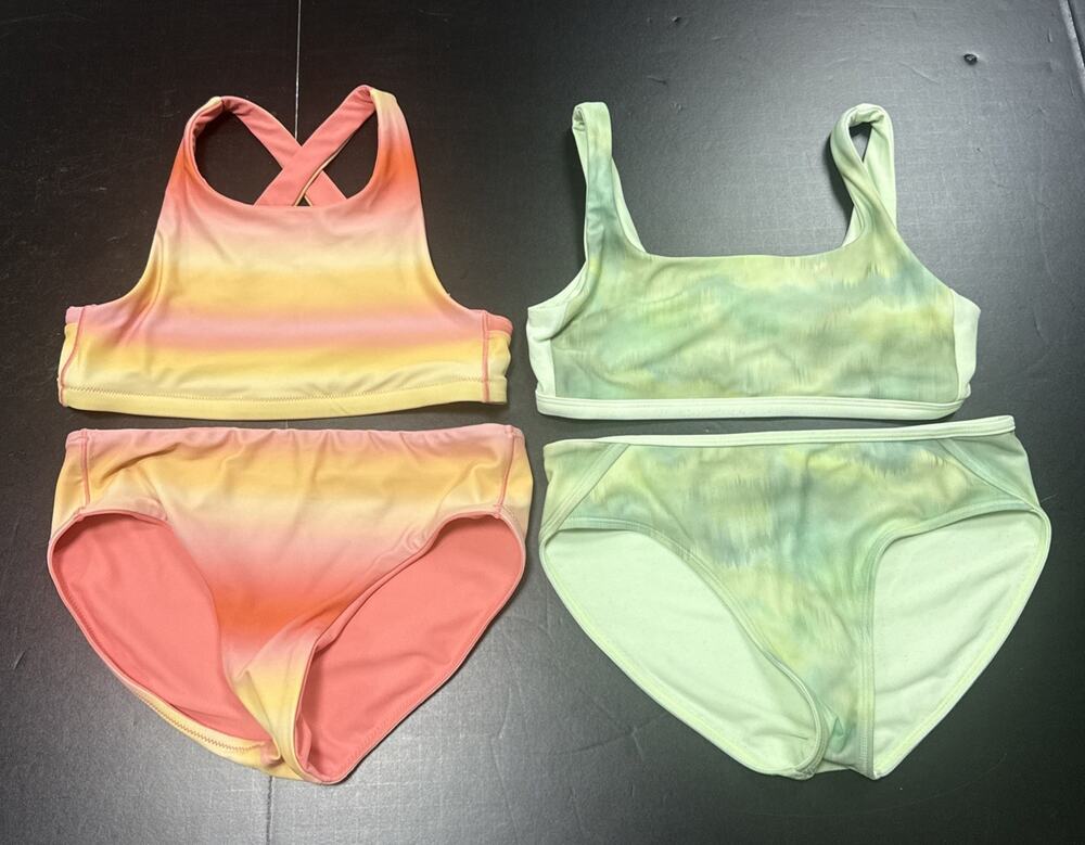 Athleta Girl Medium Two Piece Bikini Swim Suit Pink Green Tie Die Lot Of 2